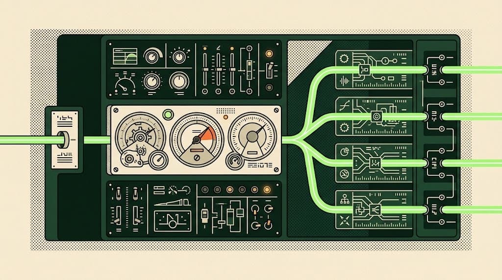 A retro control panel illustration: one input signal enters, passes through a bank of gauges, and fans out into four routed output channels.