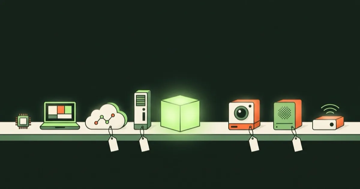 A long shelf of small, differently shaped decision machines with blank price tags, and one glowing green cube in the middle.