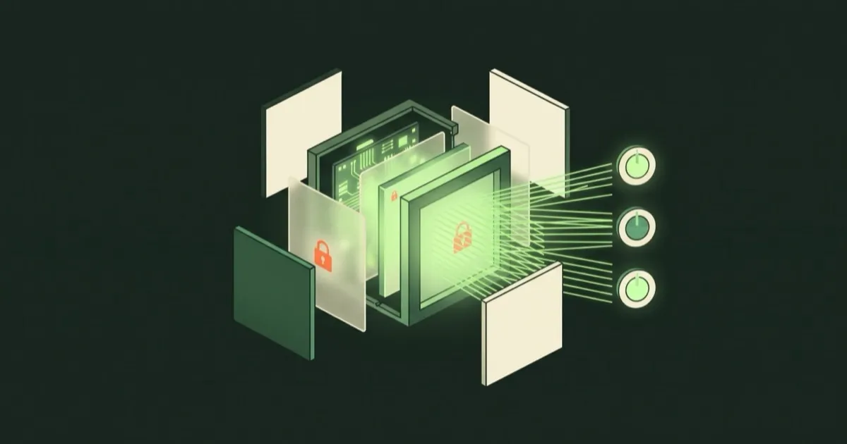 An exploded cutaway of a glowing green cube: some inner layers show circuitry, others are hidden behind frosted panels with padlocks, and parallel beams of light run to three dials.