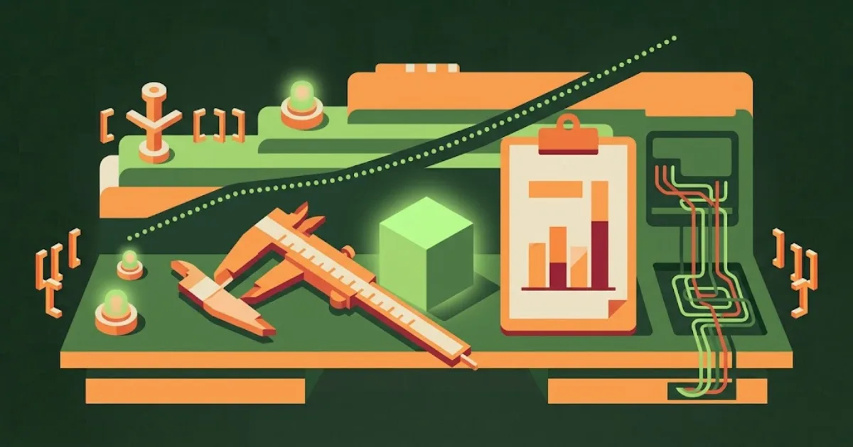 Calipers measuring a glowing cube next to a clipboard with a bar chart and a dotted reliability line.