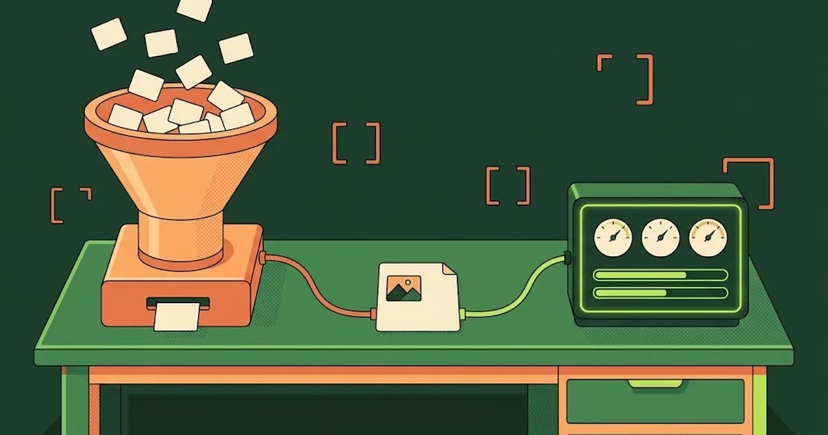 On a workbench, blank tiles pour into an orange funnel machine that prints a single card, while a picture card wired to it also feeds a glowing green panel of three gauges and two progress bars.